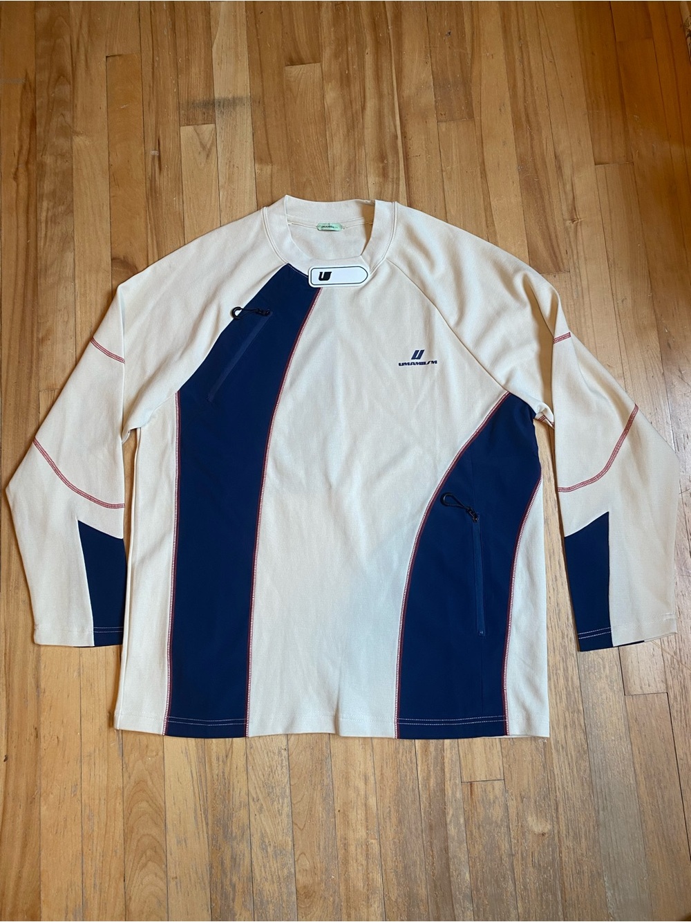 Umamiism designer Crewneck Sweater Cream Navy utility pockets Chinese Brand L